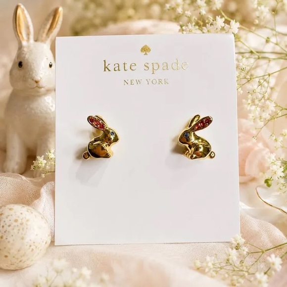 kate spade Jewelry - New on card kate spade Gold Bunny Stud Earrings with red and Blue crystals